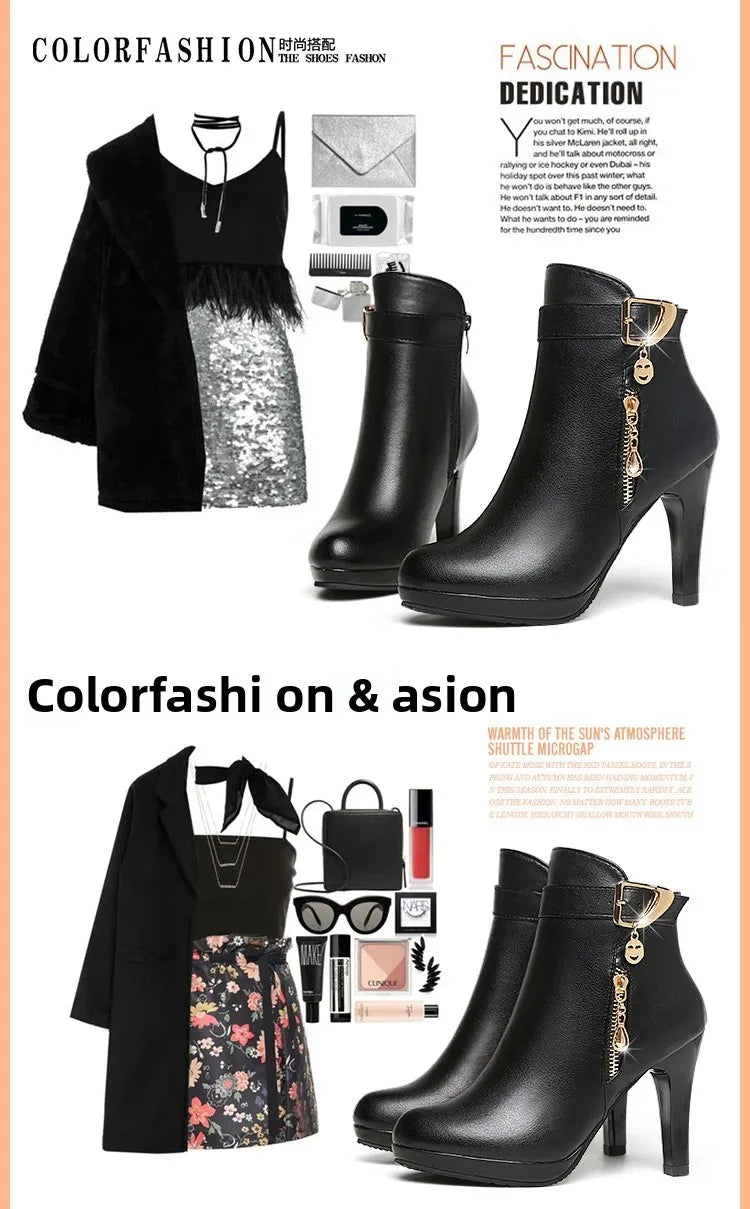 Botas cortas sexis de tacón alto con punta redonda para mujer, moda de invierno, nuevo estilo, diseño Simple, tacón fino, cierre de cremallera, Color sólido