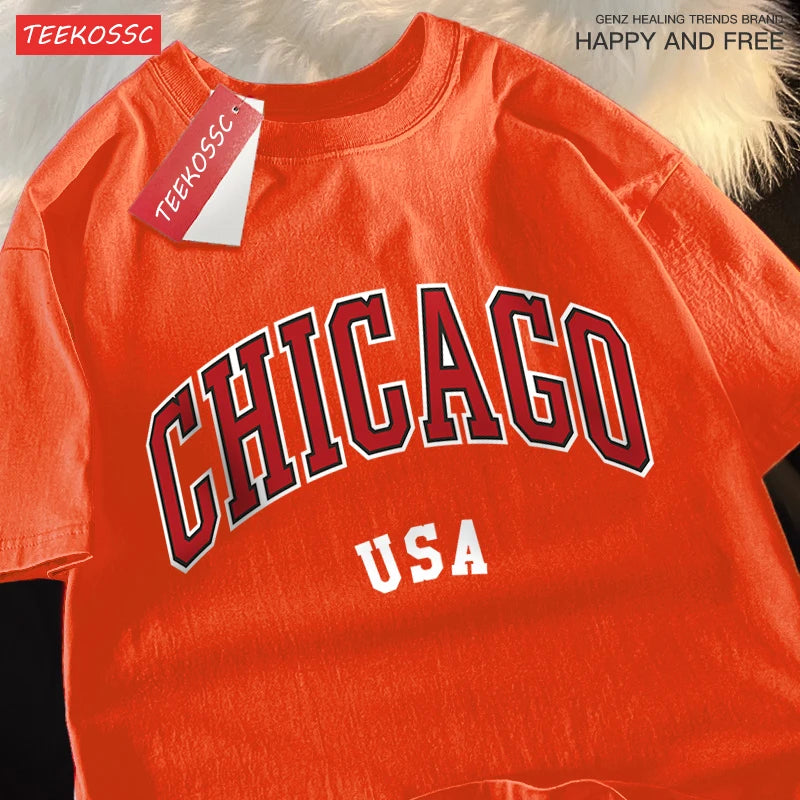 Camiseta gráfica de ciudad clásica de Chicago Usa para hombre, camisetas de calle con cuello redondo, ropa, camiseta informal de algodón de manga corta para pareja