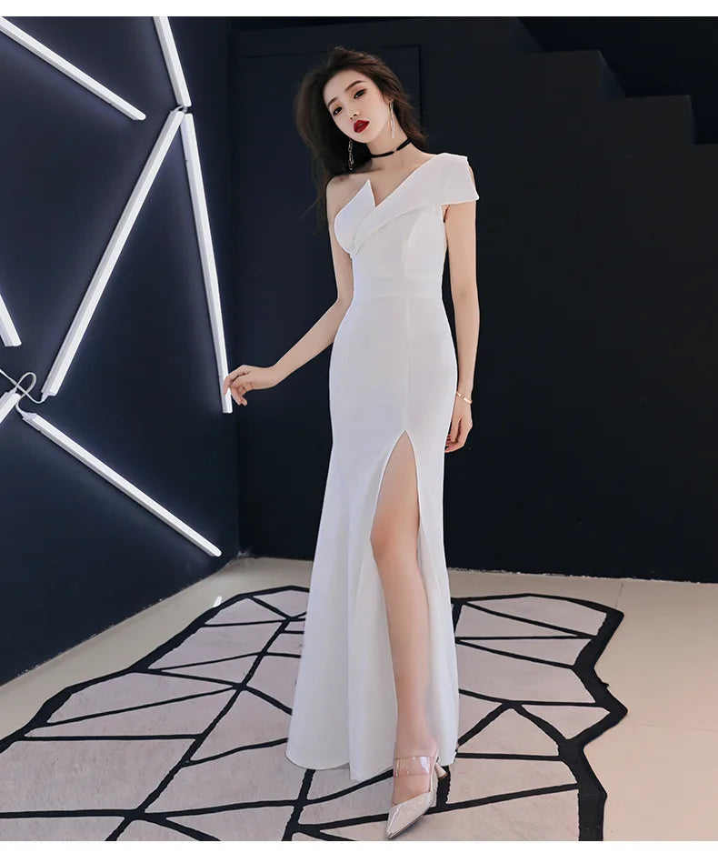 Women's luxury light evening dress, niche one-shoulder black long dress, fishtail, one-shoulder dress