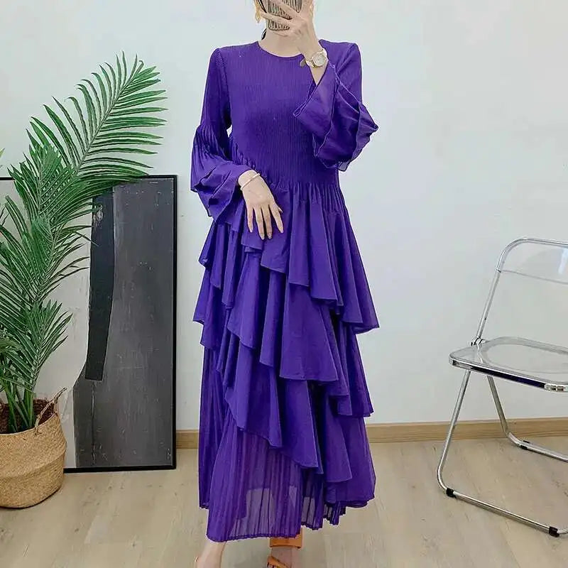 GVUW Women's Pleated Dress, Full Flare Sleeve A-Line Spliced Ruffles Round Neck Evening Party Elegant Women's Clothing 17G4475