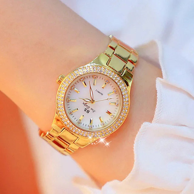 Relojes de pulsera de acero inoxidable para mujer, reloj dorado con diamantes de cristal, plateado
