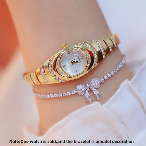 2 uds nuevo reloj de mujer simple con diamantes de imitación esfera redonda conjunto de reloj de cuarzo de aleación