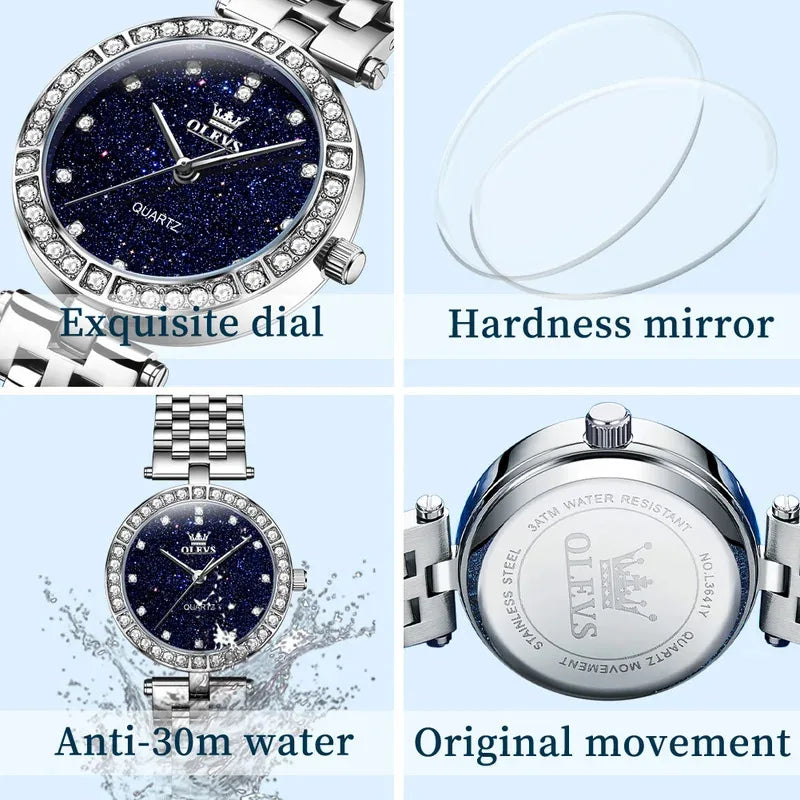 OLEVS 3641 Elegante reloj de cuarzo resistente al agua para mujer Esfera estrellada luminosa de acero inoxidable con caja de regalo - Accesorio de moda para mujer