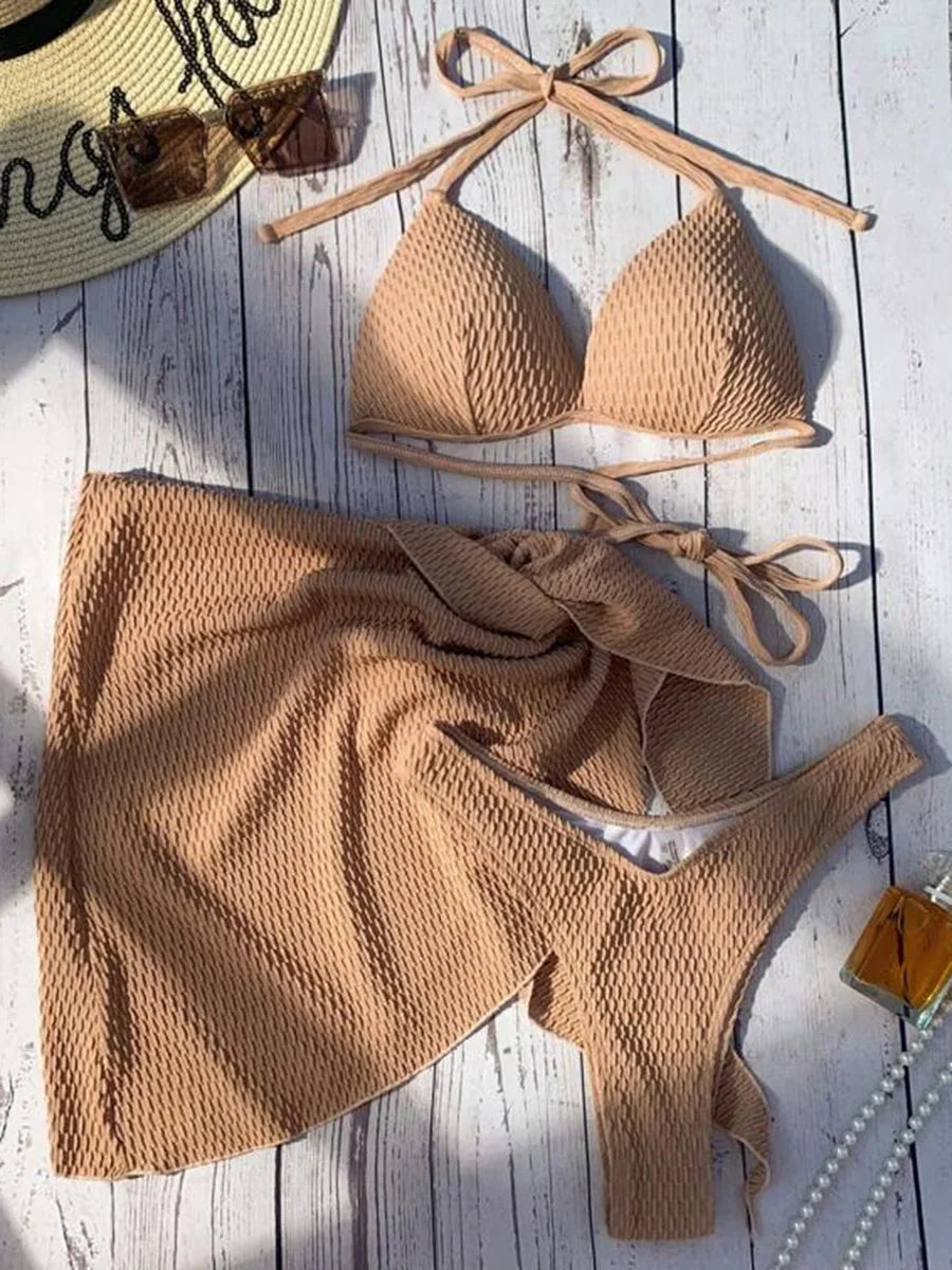Con falda, Bikini arrugado con copa de sujetador, traje de baño femenino, traje de baño para mujer, conjunto de Bikini de tres piezas, traje de baño Push Up, ropa de playa para nadar
