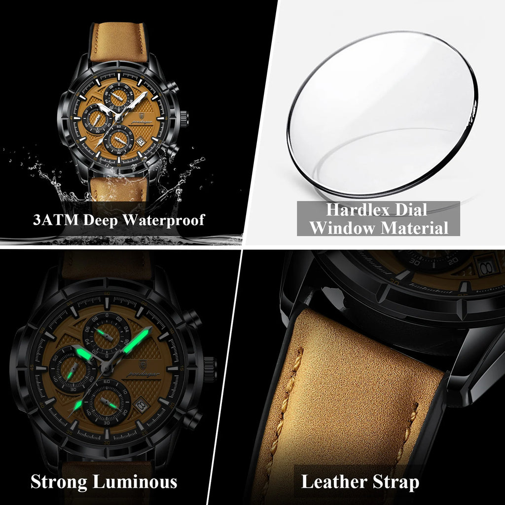 Reloj de pulsera POEDAGAR de lujo para hombre, relojes de cuarzo de cuero originales para hombre, cronógrafo con fecha, reloj luminoso resistente al agua para hombre + caja