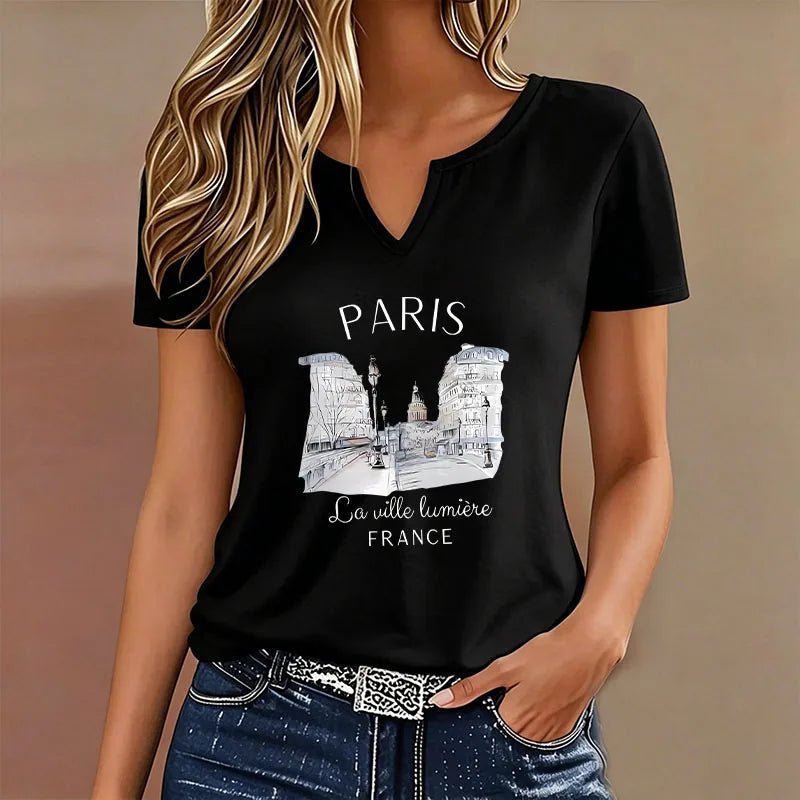 Paris Vintage V-Neck T-Shirt, Casual Y2K Retro Style, Paris T-Shirts for Women, Short Sleeve V-Neck, Summer, Spring