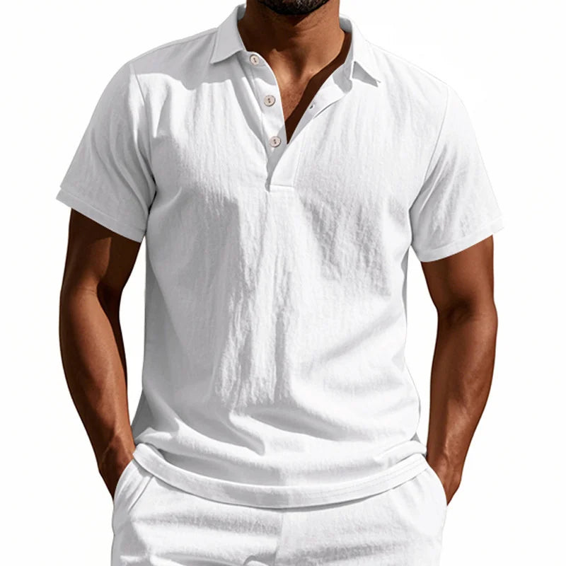 Camisa POLO de manga corta de lino y algodón de alta calidad para hombre, camisa informal holgada y cómoda, camisetas de verano con botones y cuello vuelto