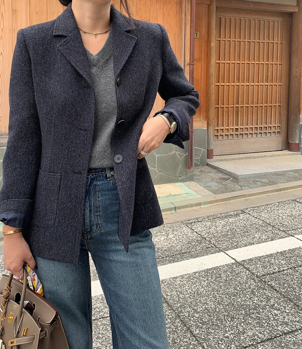 Chaqueta de traje de lana elegante coreano para mujer Otoño e Invierno Slim Fit marrón viajero abrigo de lana de gama alta Blazers ropa de mujer