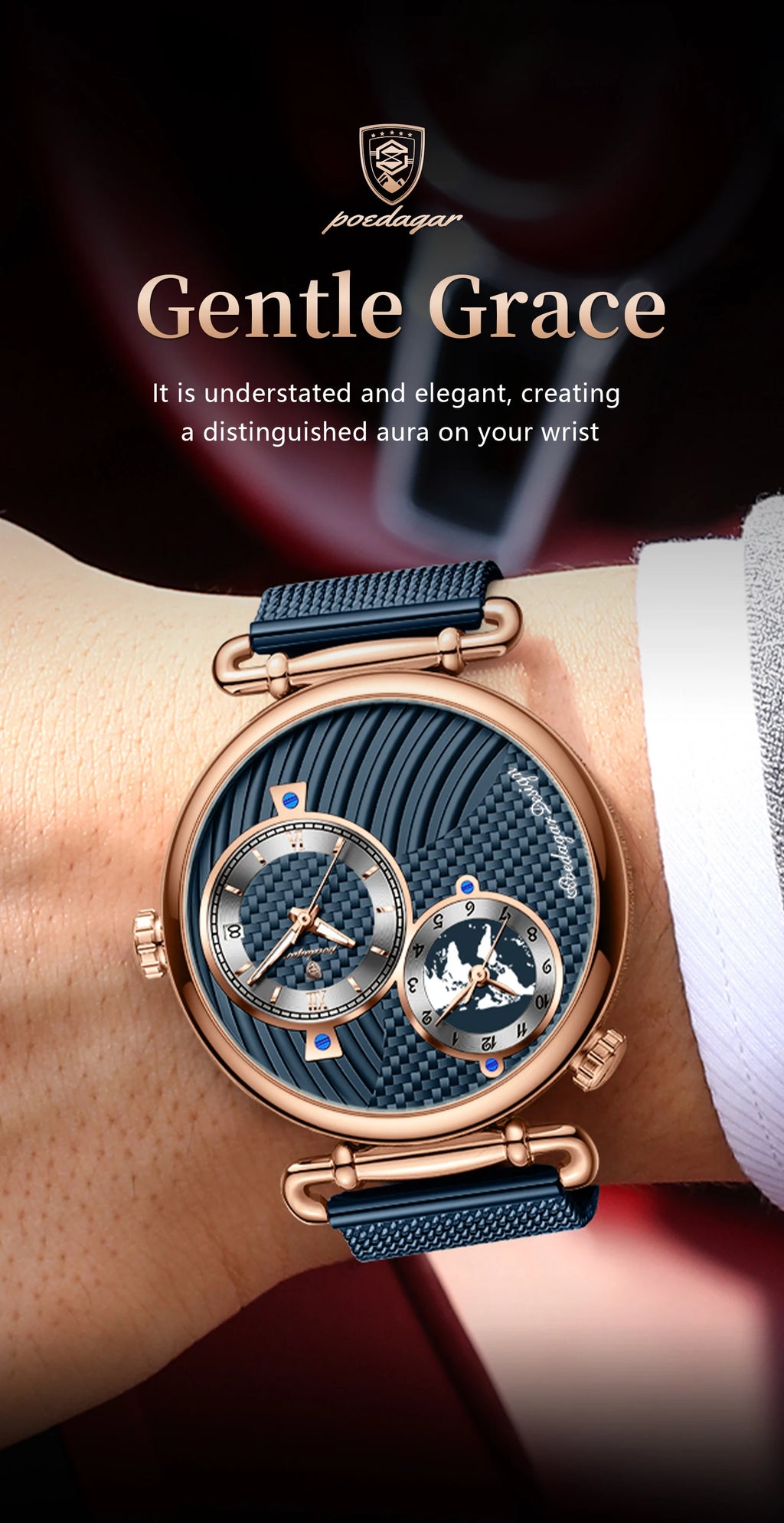 Reloj de hombre POEDAGAR de moda con doble zona horaria, resistente al agua, con fecha, deportivo, de malla de acero inoxidable, de cuarzo + caja.