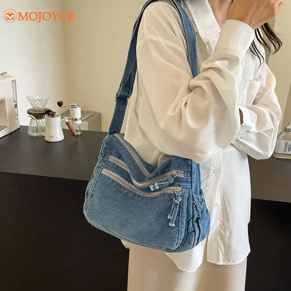 Bolso cruzado de mezclilla para mujer, bolso de hombro de gran capacidad, correa ajustable, bolso Vintage, bolsos de mensajero informales con múltiples bolsillos