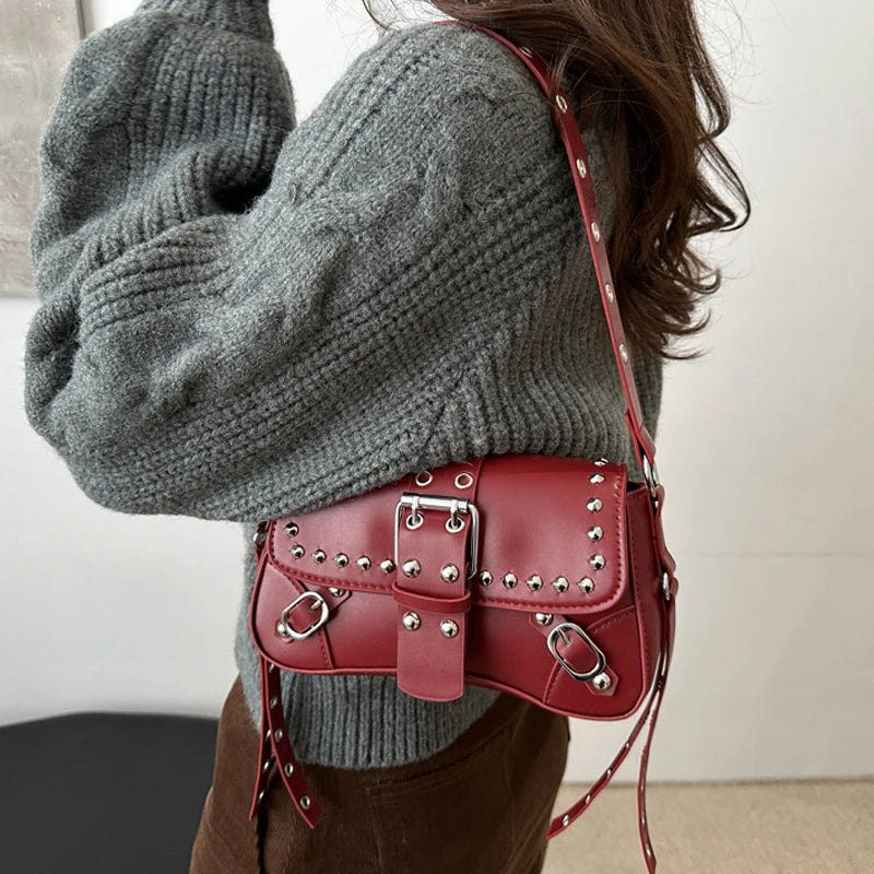 Bolso de hombro para mujer, estilo Punk, bolso de cuero PU, bolsos de moda Rock con remache, pequeño bolso de moda para axila
