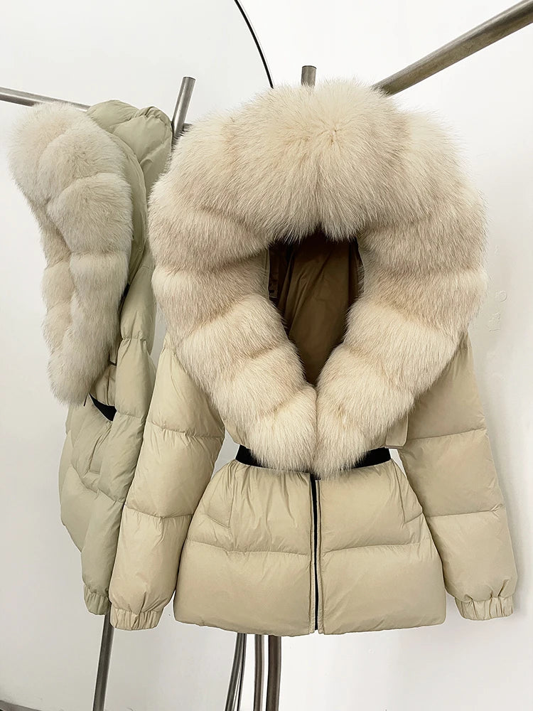 OFTBUY 2025 nueva ropa de invierno para mujer, abrigo de plumón de pato blanco, chaqueta con capucha de piel de zorro Natural, chaqueta acolchada cálida a la moda para mujer