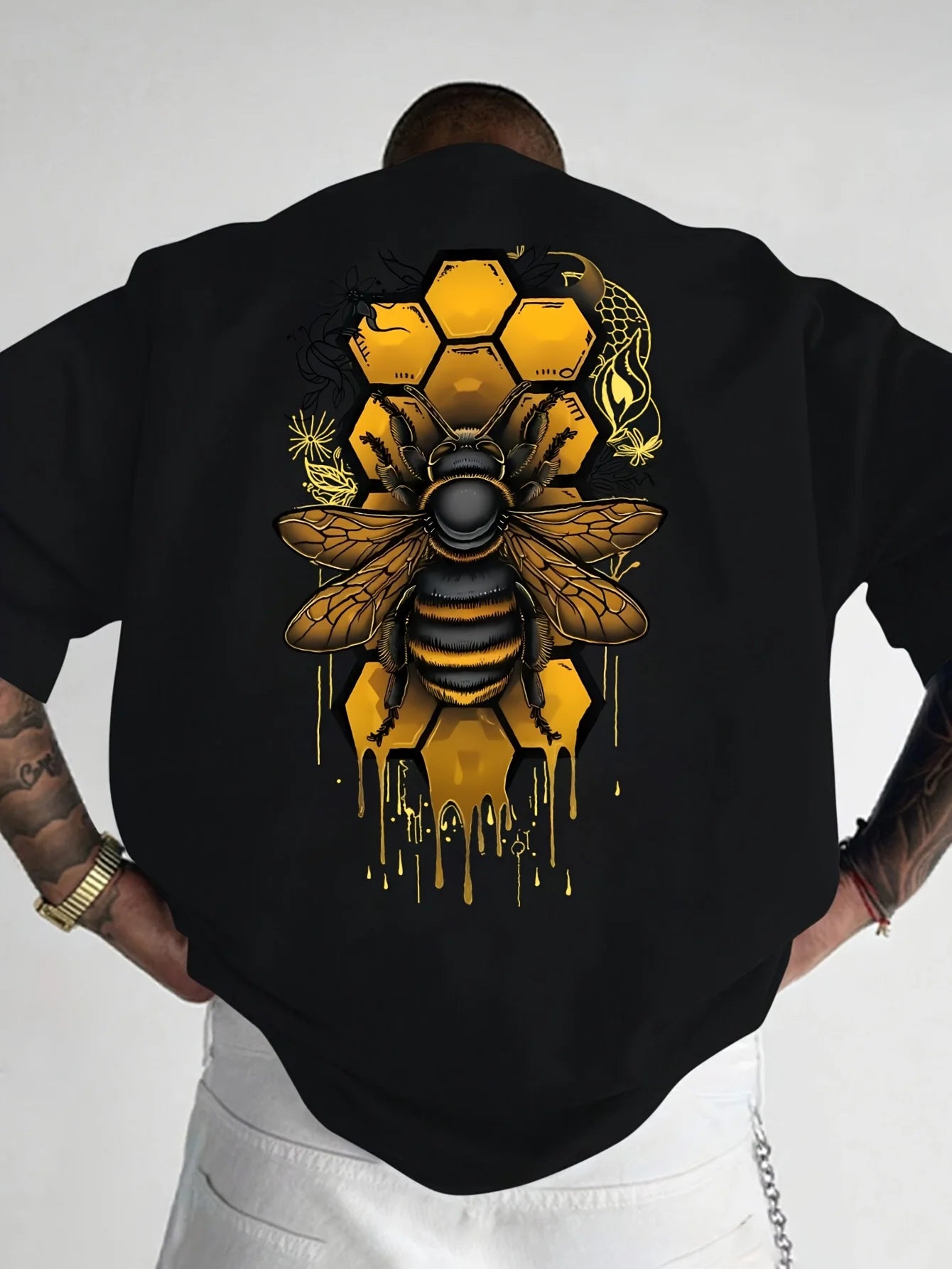 Camiseta de manga corta con cuello redondo y estampado de abeja deportiva holgada informal a la moda de algodón puro 100% para hombre