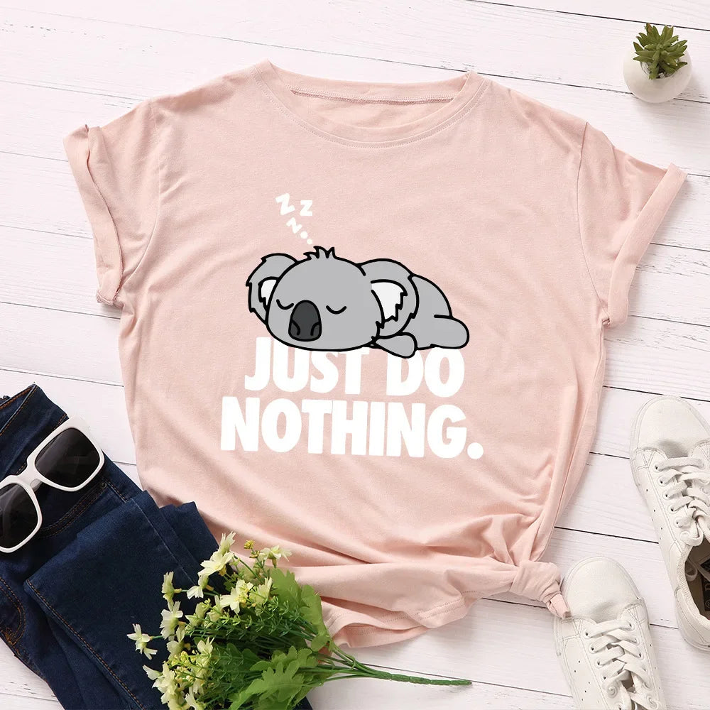Just Do Nothing - Koala Print T-Shirt for Women, Loose Short-Sleeve Round Neck Blouse, Women's Clothing