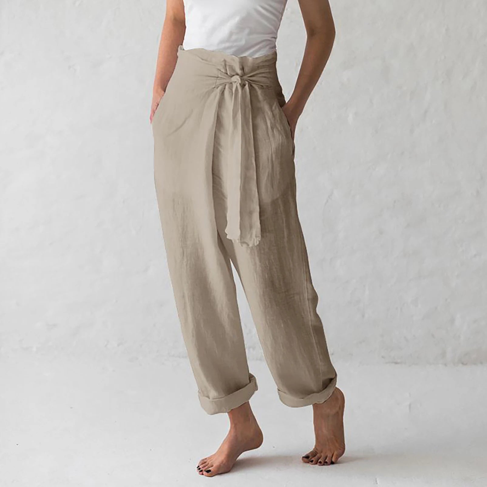 Women's Casual Pocket Pants, Solid Color, Stretchy, Cuffed, Stylish Cotton Line, High Waist, Summer 2024