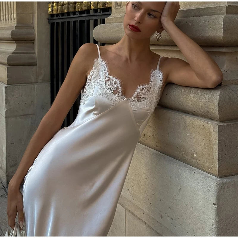 Vestido largo elegante de encaje con retazos para mujer, vestido Sexy con cuello en V sin mangas y espalda descubierta de satén, vestido largo ajustado, vestidos de fiesta de noche para mujer 2025