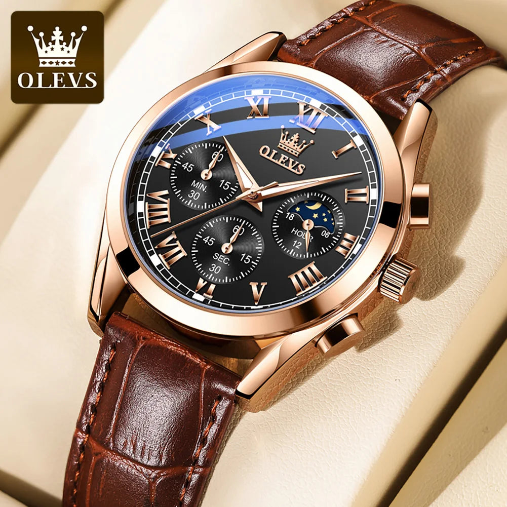 OLEVS 2871 reloj de cuarzo para hombre de la mejor marca, reloj de negocios noctilucente resistente al agua de lujo, correa de cuero, reloj de fase lunar, reloj Masculino