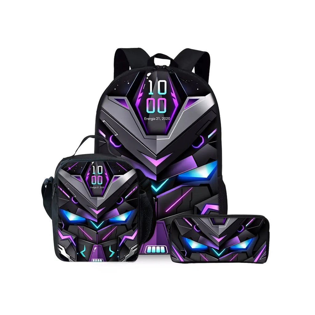 Mochilas Escolares de Tres Piezas con Estampado de Robots Mecánicos para Niños y Niñas, el Mejor Regalo, Diseño Plano 2D de Dibujos Animados