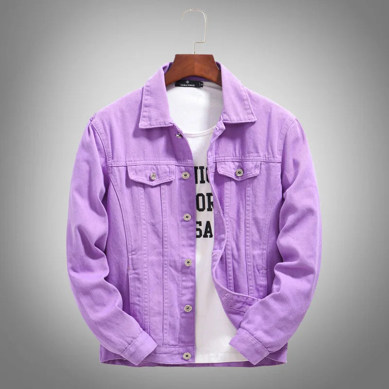 New Fashion Purple Denim Jackets for Men with Holes, Solid Spring Autumn Denim Coats, Men Casual Cotton Jean Jackets, Sizes up to 5XL