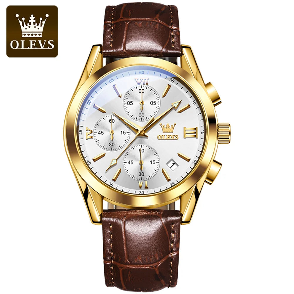 OLEVS Nuevo reloj de moda para hombre con correa de cuero marrón. Reloj impermeable con movimiento de cuarzo deportivo informal para hombre Orologio da uomo 2872