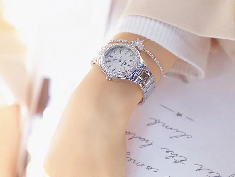 Relojes de pulsera de acero inoxidable para mujer, reloj dorado con diamantes de cristal, plateado