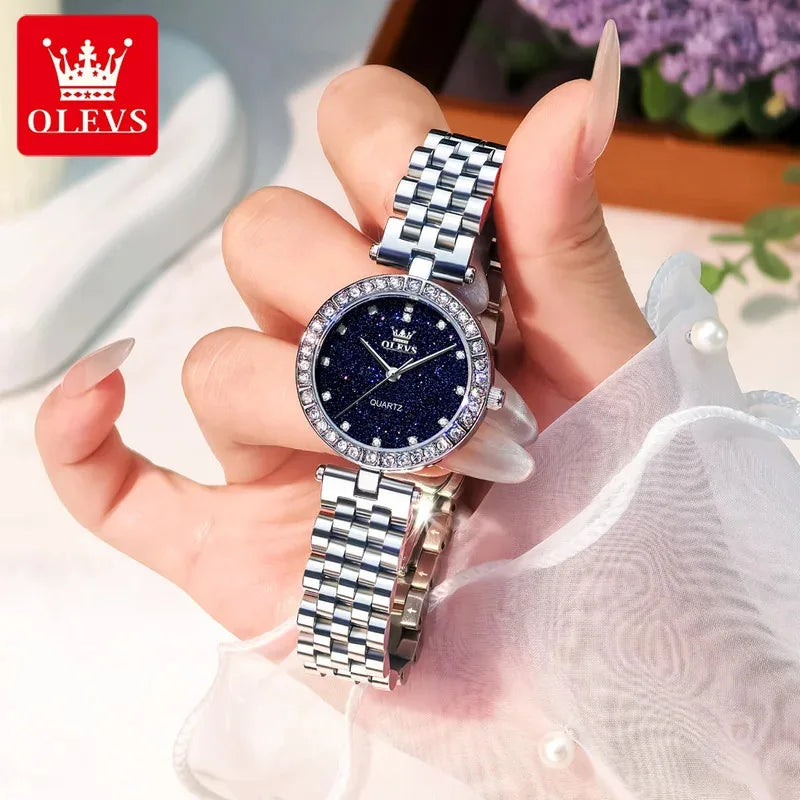 OLEVS 3641 Elegante reloj de cuarzo resistente al agua para mujer Esfera estrellada luminosa de acero inoxidable con caja de regalo - Accesorio de moda para mujer