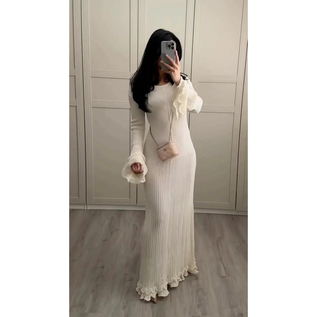 2025 elegante vestido con volantes y cordones Para Mujer, vestido acanalado de manga larga a la moda, Vestidos largos Para Mujer, Vestidos Para ir al trabajo Para Mujer