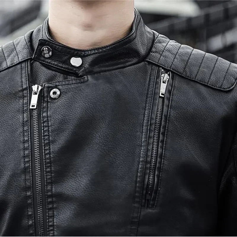 Chaqueta ajustada de marca para Hombre, abrigo de cuero negro a prueba de viento, Color sólido, moda de motocicleta, Invierno