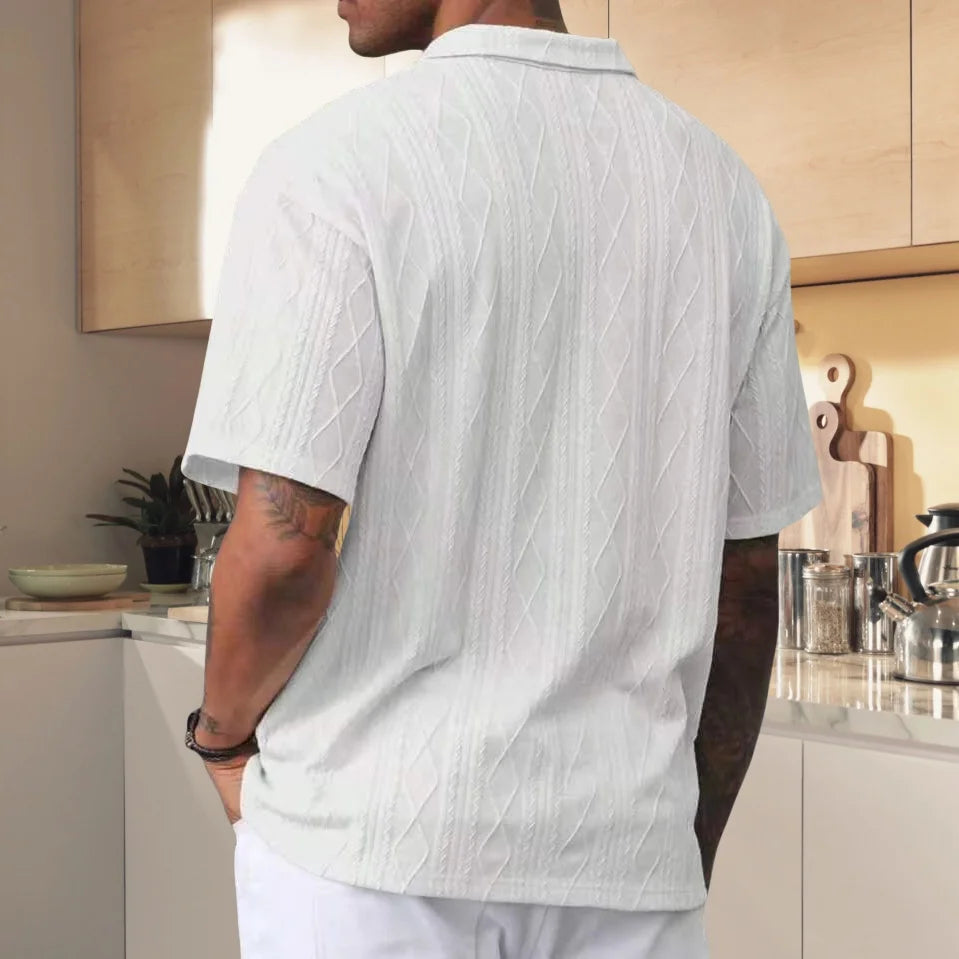 Polo de punto de textura holgada retro 2025 para hombre con solapa, moda informal de calle transpirable y cómoda de manga corta