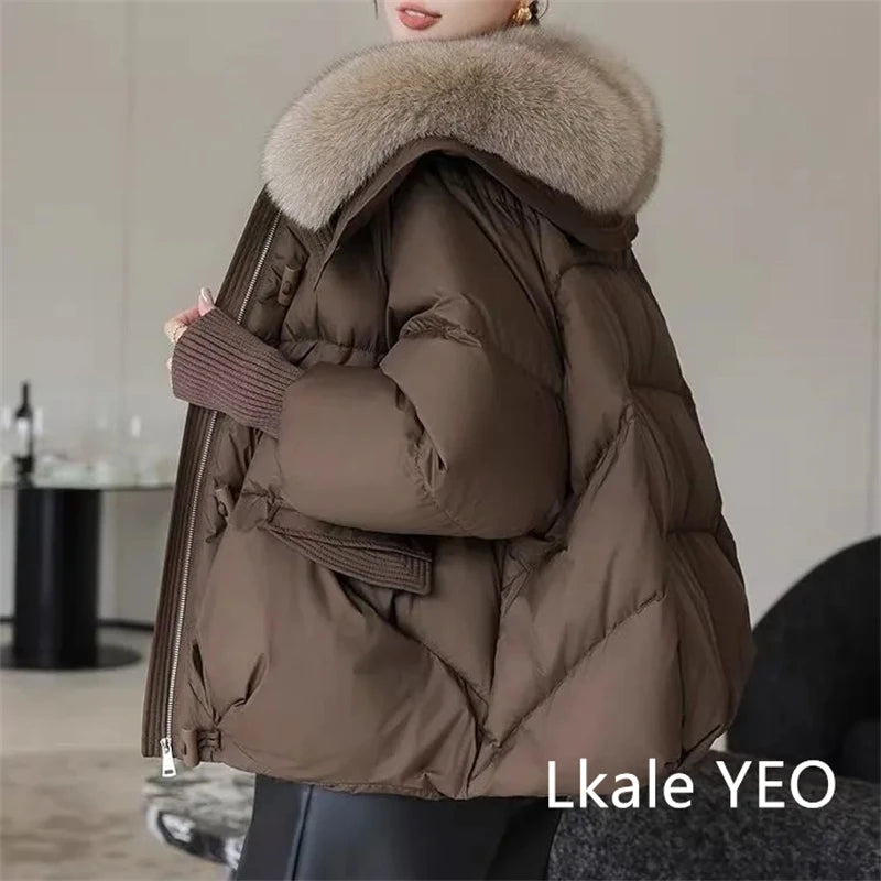 Parka de invierno para mujer, abrigo informal versión coreana, prendas de vestir exteriores para mujer, temperamento grueso, cuello de piel grande, Chaqueta de algodón para mujer 2025