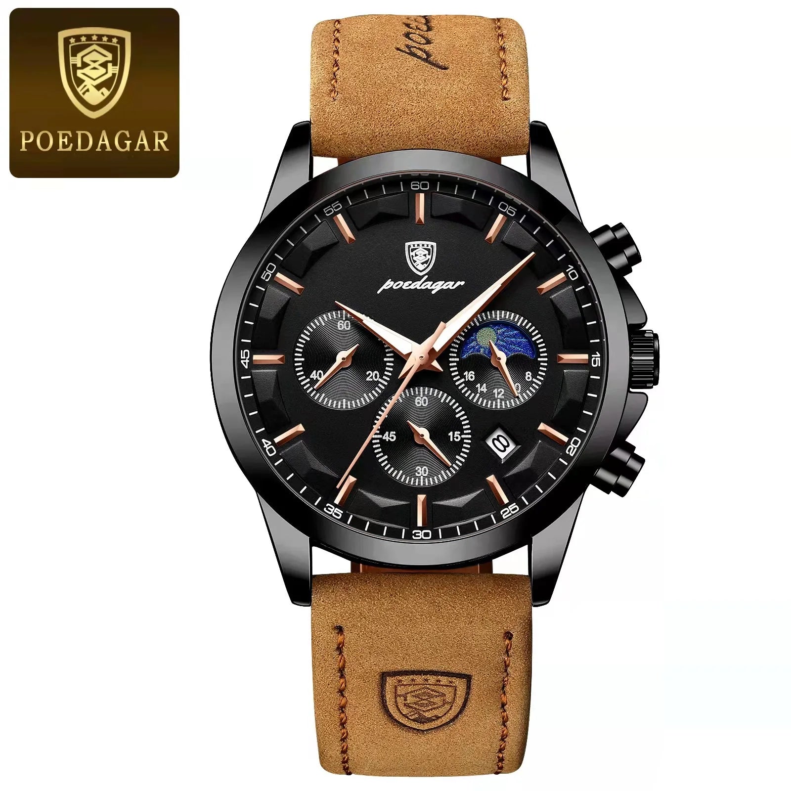 POEDAGAR, reloj deportivo de cuarzo de lujo para hombre, cronógrafo resistente al agua, reloj de pulsera luminoso con fecha para hombre, relojes de cuero de negocios para hombre