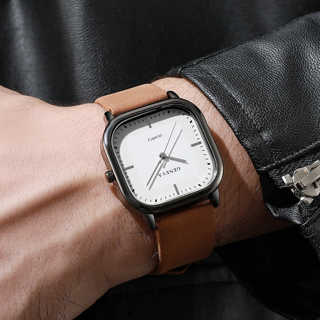Fashion Square Dial Men's Watches Minimalist Quartz Watch Casual Leather Strap Wristwatch Reloj Hombre（Without Box）
