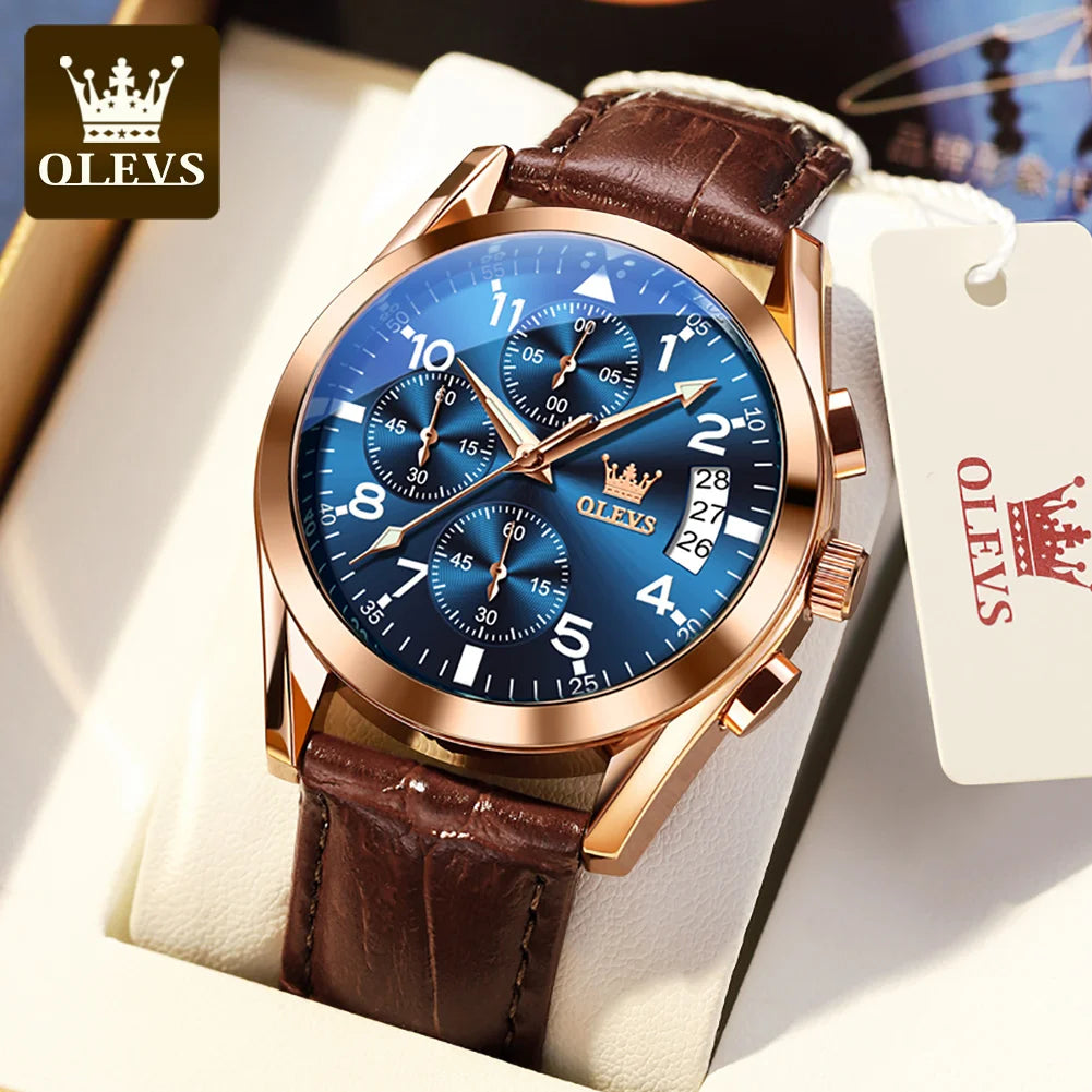 OLEVS reloj de cuarzo para hombre, correa de cuero Original, indicador de fecha, resistente al agua, luminoso, informal, de negocios, reloj de cuarzo para hombre, marca superior