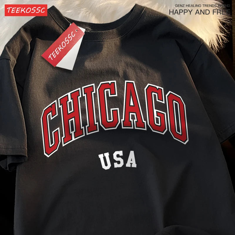 Camiseta gráfica de ciudad clásica de Chicago Usa para hombre, camisetas de calle con cuello redondo, ropa, camiseta informal de algodón de manga corta para pareja