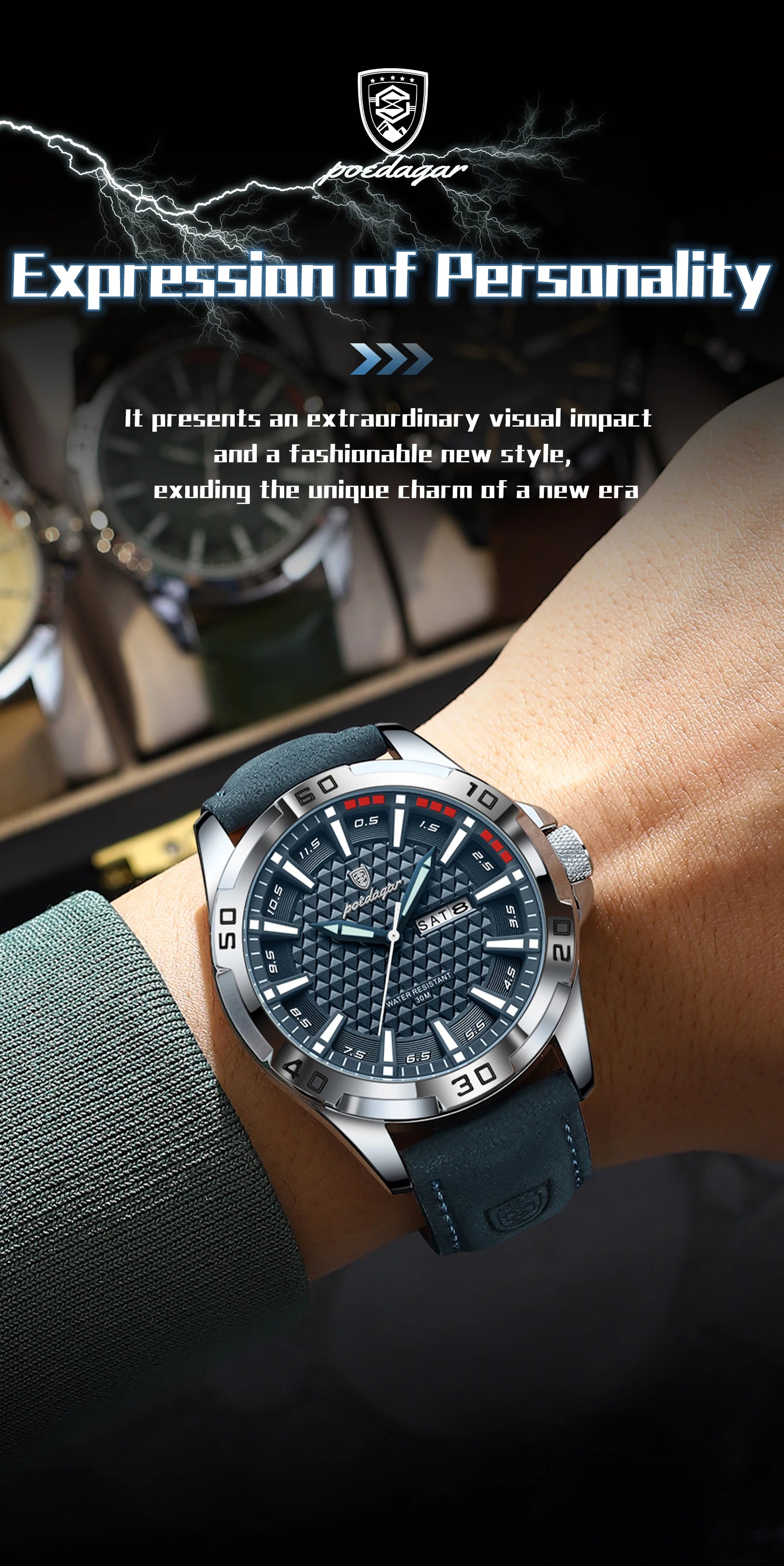 Reloj de pulsera POEDAGAR Original para hombre, Reloj de lujo resistente al agua con fecha luminosa y semana para hombre, relojes deportivos de cuero de cuarzo para hombre
