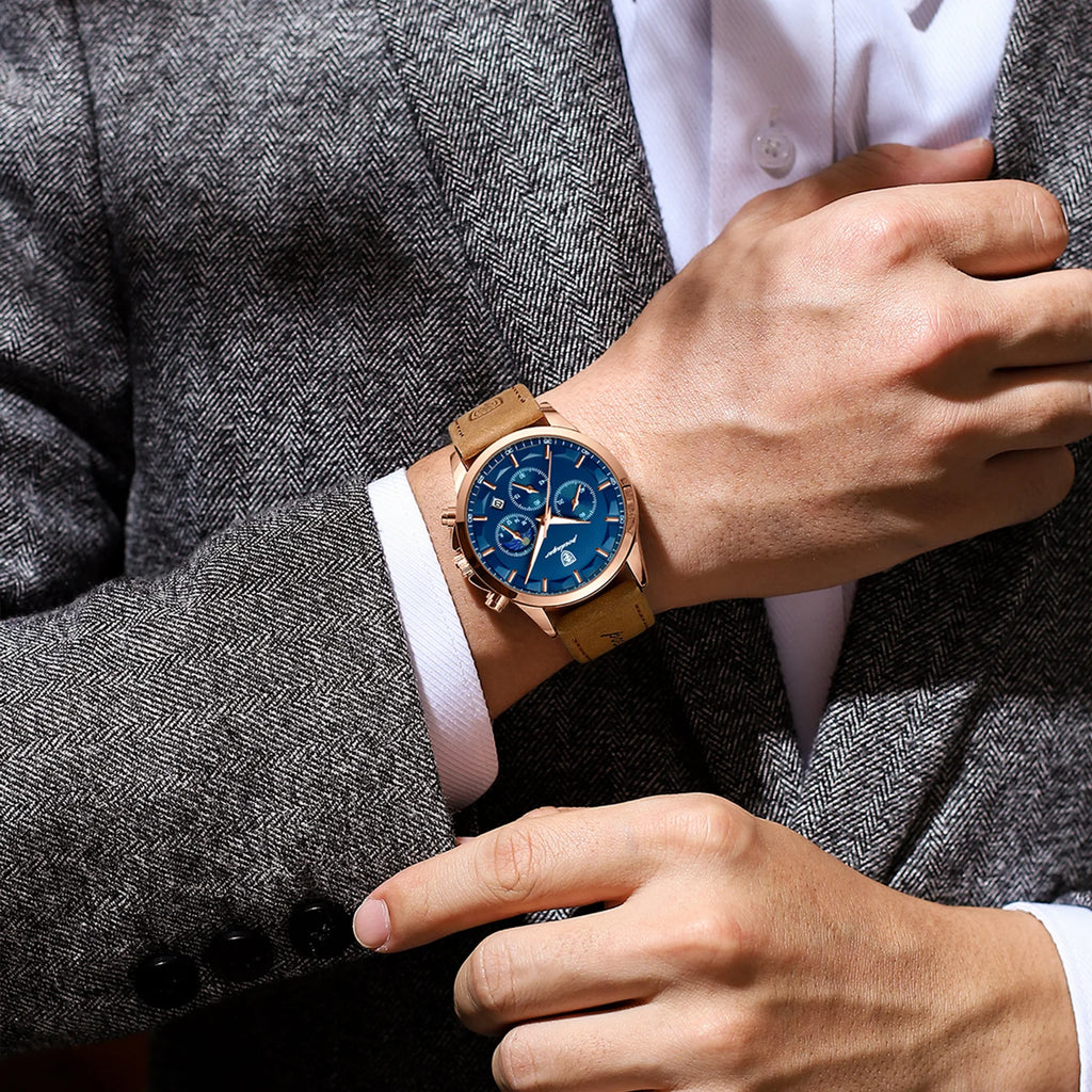 POEDAGAR, reloj deportivo de cuarzo de lujo para hombre, cronógrafo resistente al agua, reloj de pulsera luminoso con fecha para hombre, relojes de cuero de negocios para hombre