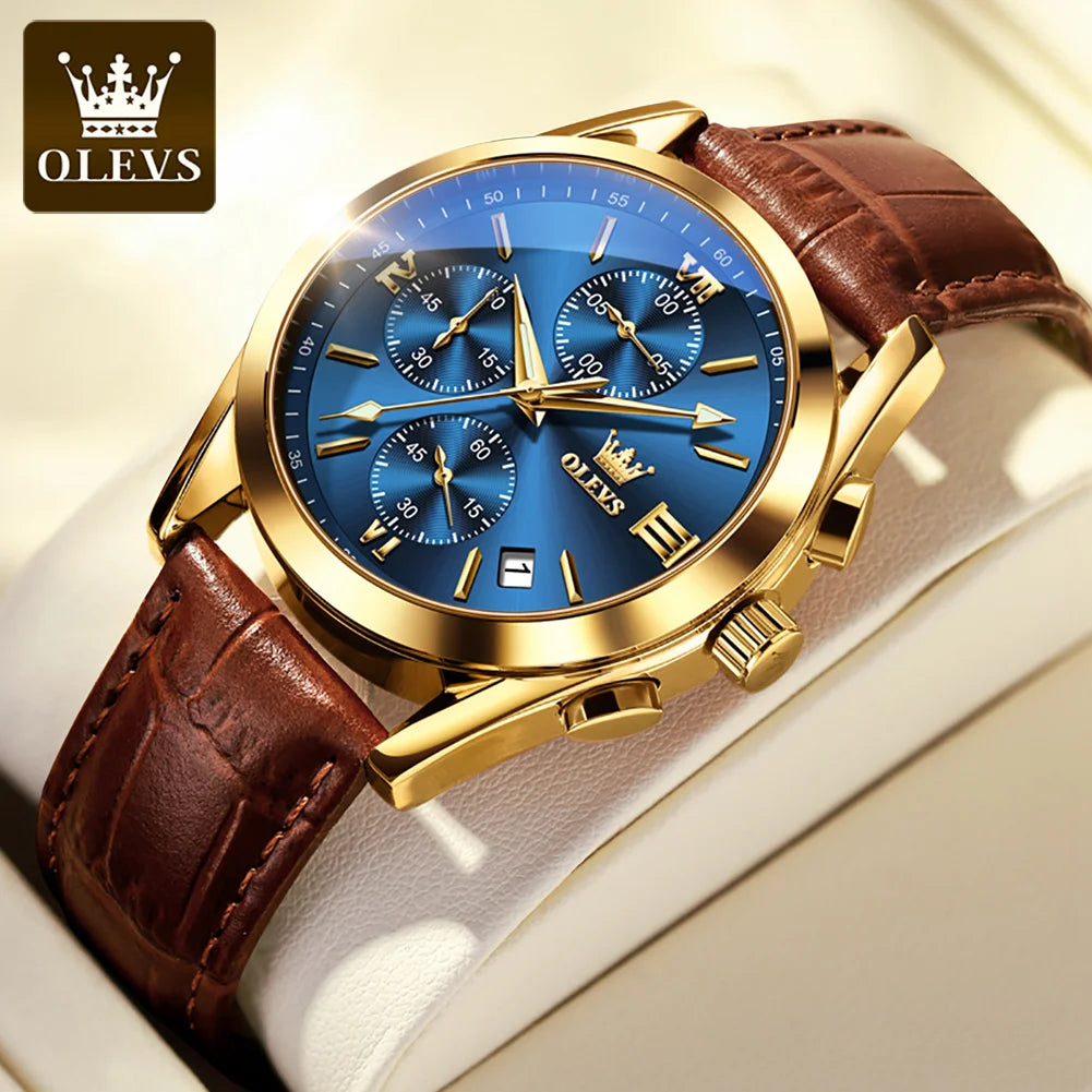 OLEVS Nuevo reloj de moda para hombre con correa de cuero marrón. Reloj impermeable con movimiento de cuarzo deportivo informal para hombre Orologio da uomo 2872