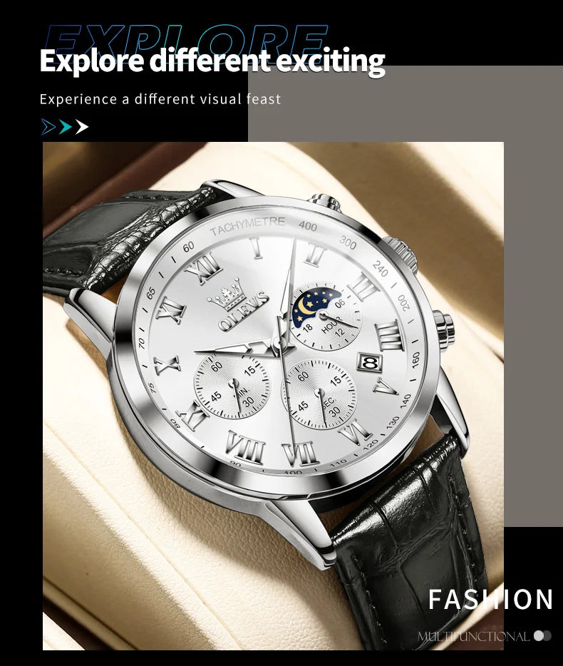 OLEVS-reloj de cuarzo deportivo para hombre, cronógrafo de lujo, resistente al agua, con correa de cuero, fase lunar, Masculino