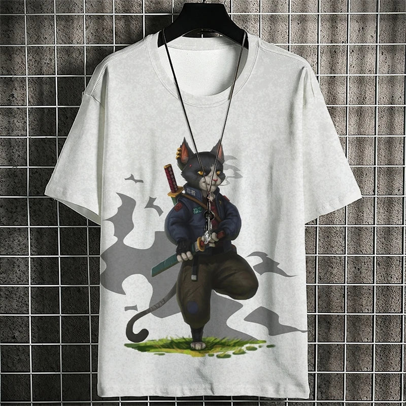 Camisetas con estampado de gato guerrero a la moda para hombre, camisetas con estampado de gato 3D y cuello redondo para verano, ropa informal de moda, camisetas Harajuku