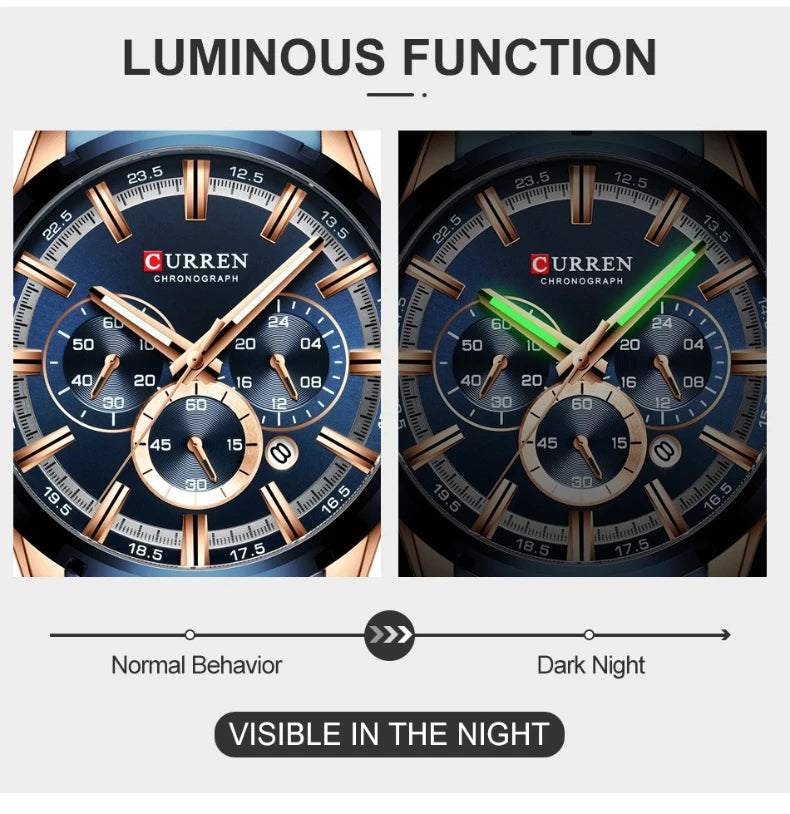Reloj de pulsera CURREN de Cuero militar de lujo de la mejor marca, relojes deportivos informales para hombres, reloj de pulsera azul para hombre, reloj de pulsera cronógrafo de moda