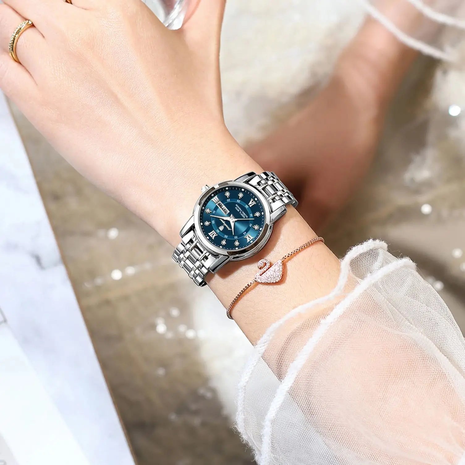 POEDAGAR, reloj de pulsera de lujo para mujer, resistente al agua, luminoso, fecha, semana, relojes para mujer, vestido elegante de acero inoxidable, reloj de cuarzo para mujer