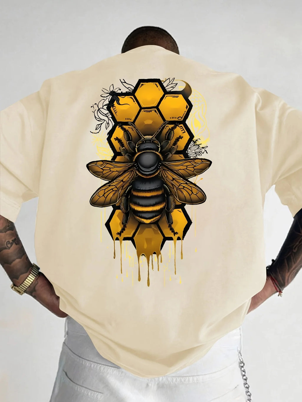 Camiseta de manga corta con cuello redondo y estampado de abeja deportiva holgada informal a la moda de algodón puro 100% para hombre