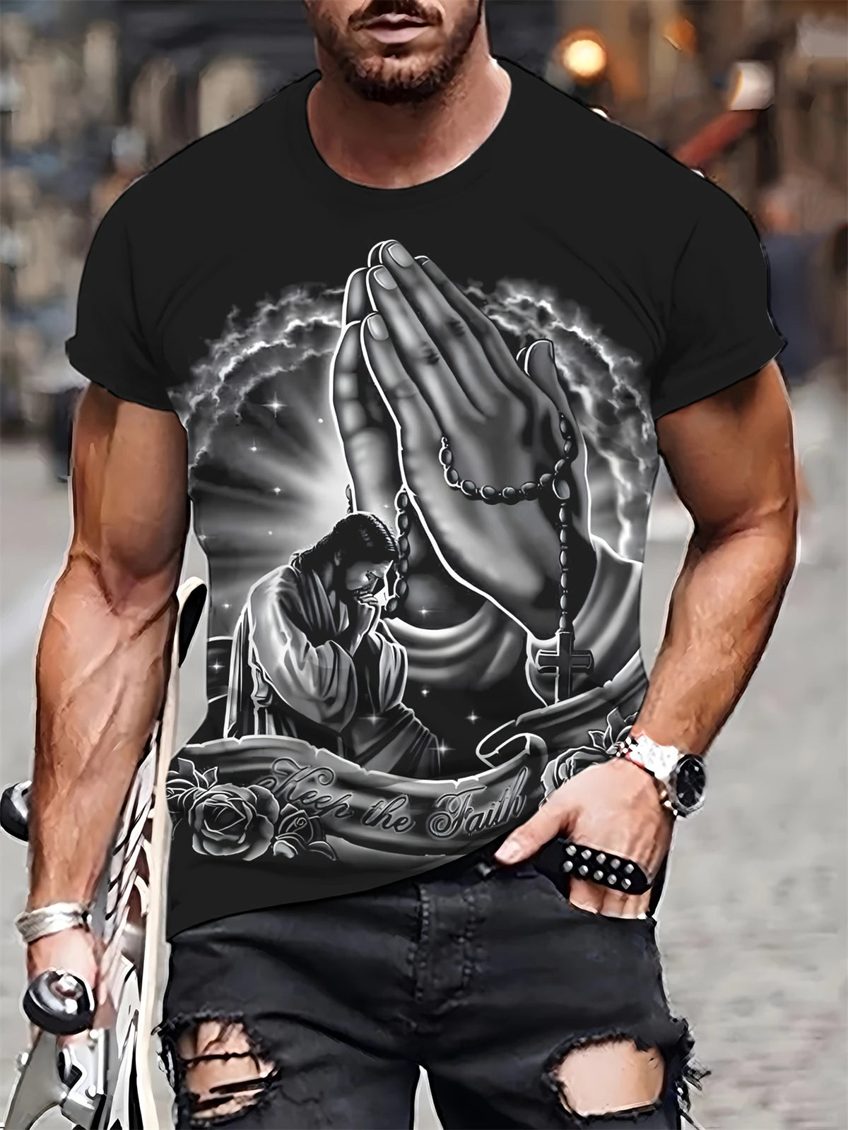 Camiseta de manga corta con estampado 3D de cabeza de calavera para hombre, camiseta de cuello redondo de estilo Punk, ropa de gran tamaño para exteriores de verano, novedad
