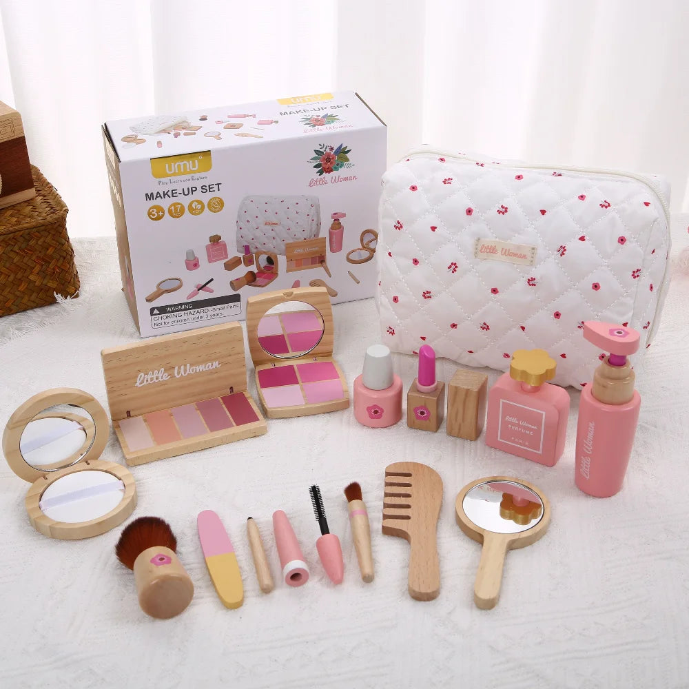 Juguete de Maquillaje de Imitación para Niñas, Set de Maquillaje de Madera para Jugar a Disfrazarse, Regalo con Bolsa de Maquillaje