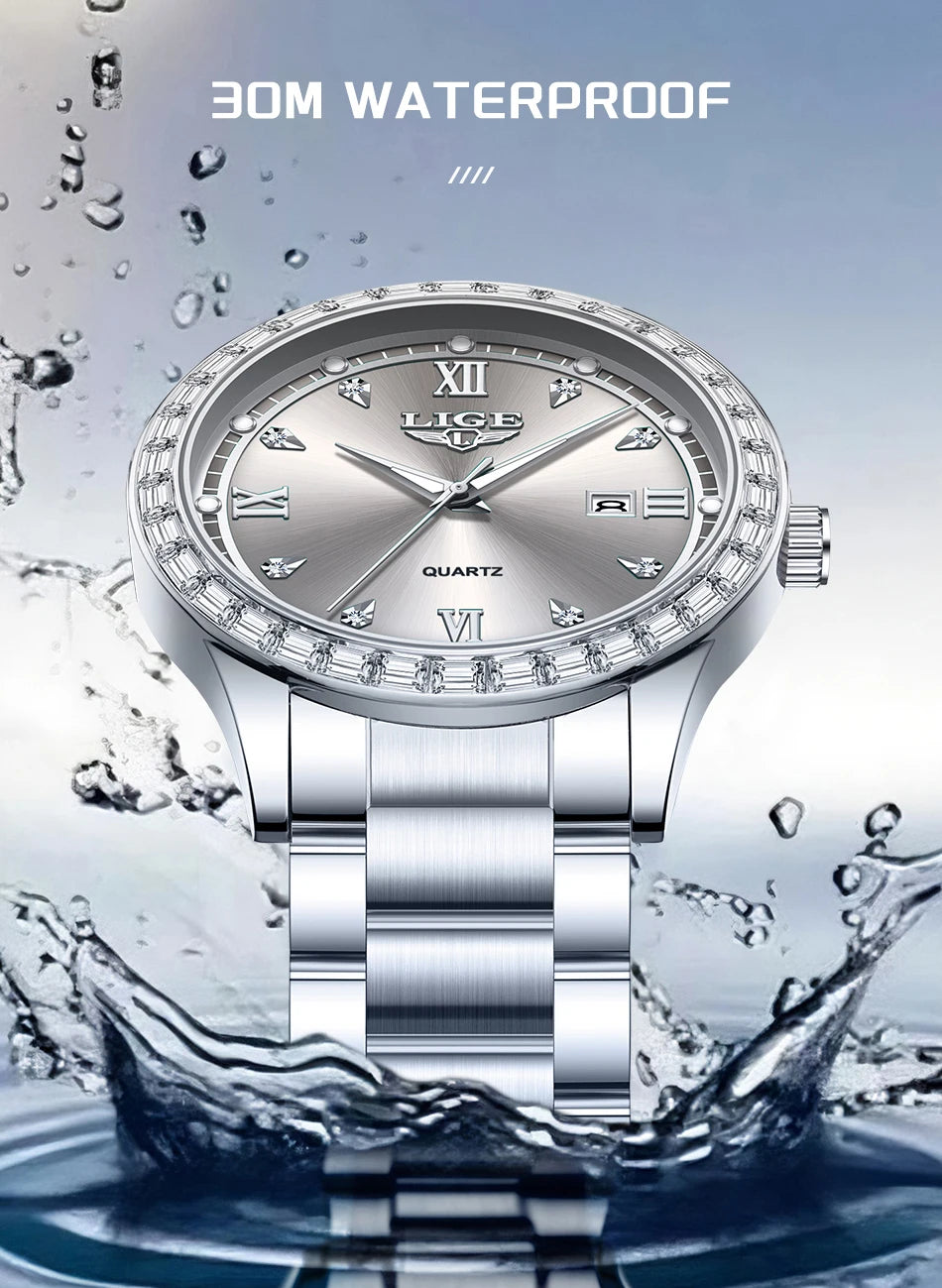 Reloj LIGE elegante para mujer, reloj resistente al agua a la moda, reloj luminoso de cuarzo de negocios de acero inoxidable para mujer, reloj de mujer + caja