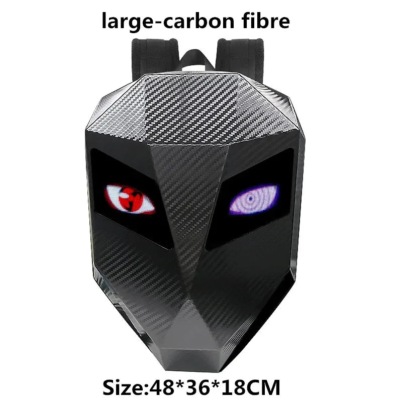 Mochila LED para motociclista, diseño de ojos brillantes, textura de fibra de carbono, casco, locomotora, mochila escolar, mochila para ordenador portátil de Moto