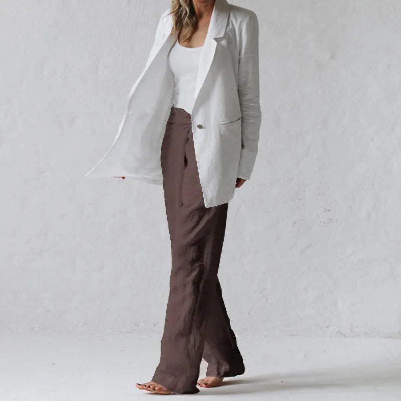 Pantalones informales con bolsillo para mujer, Color sólido, elásticos, con encuadernación, línea de algodón elegante, cintura alta, verano 2024