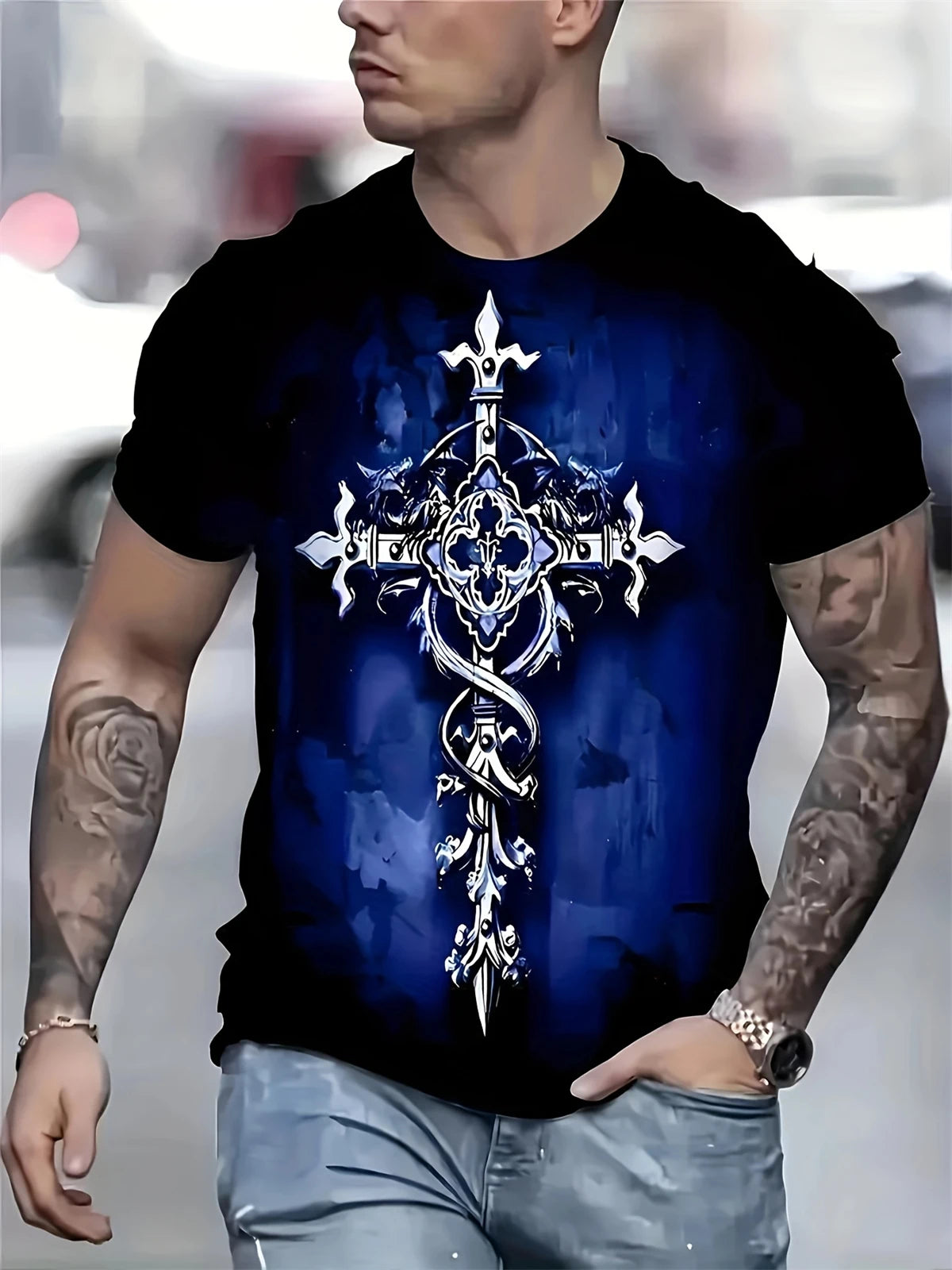 Camiseta de manga corta con estampado 3D de cabeza de calavera para hombre, camiseta de cuello redondo de estilo Punk, ropa de gran tamaño para exteriores de verano, novedad