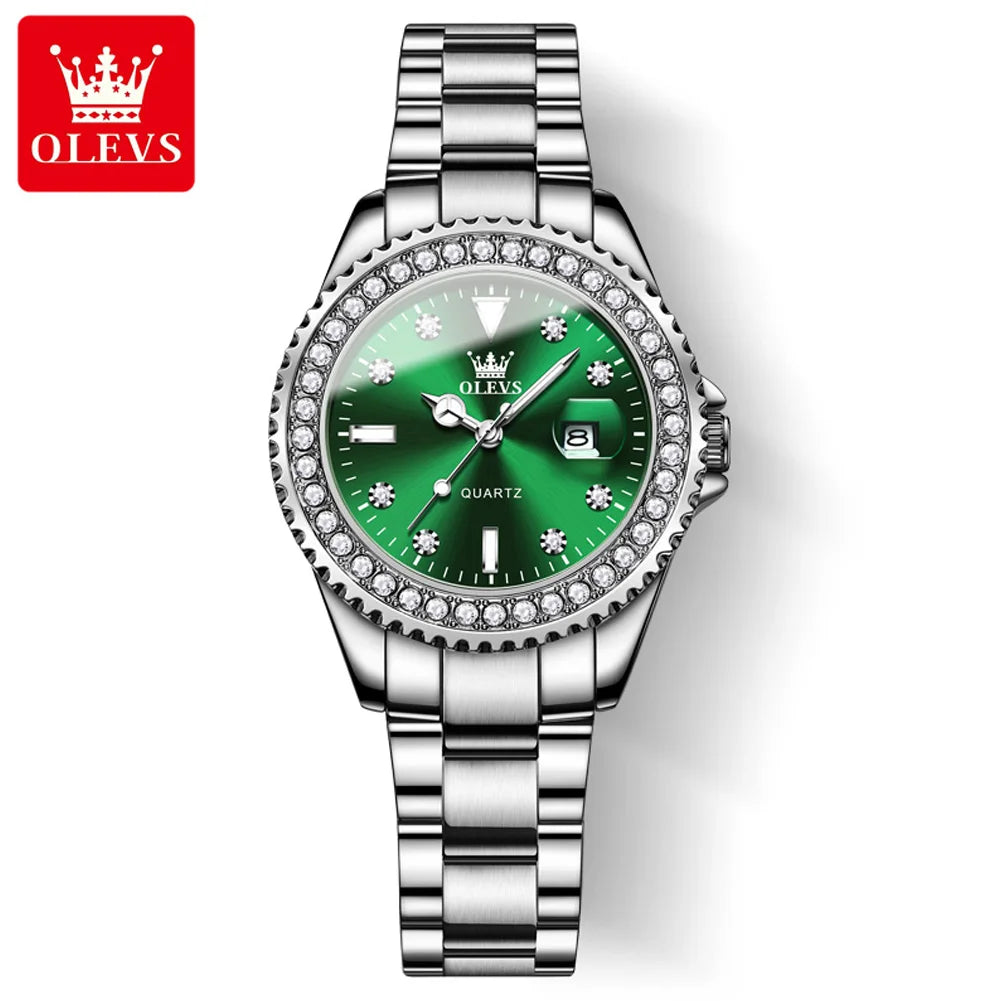 Reloj de cuarzo OLEVS Original con esfera de diamantes para mujer, relojes de moda para mujer, reloj de pulsera luminoso resistente al agua de acero inoxidable para mujer