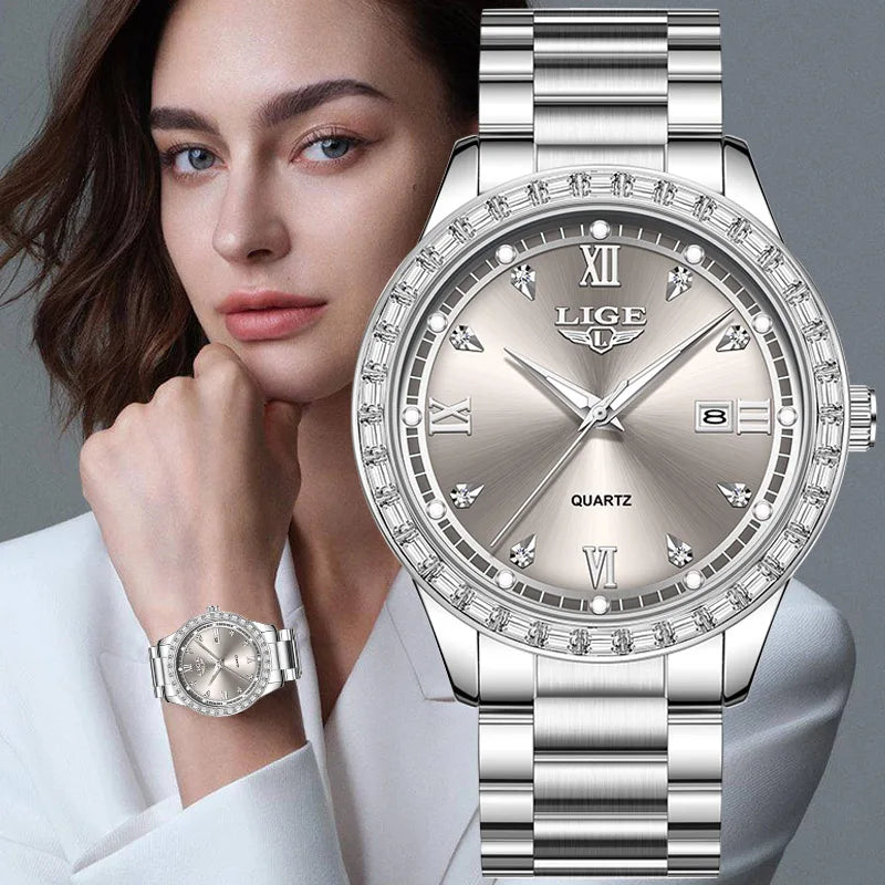Reloj LIGE elegante para mujer, reloj resistente al agua a la moda, reloj luminoso de cuarzo de negocios de acero inoxidable para mujer, reloj de mujer + caja